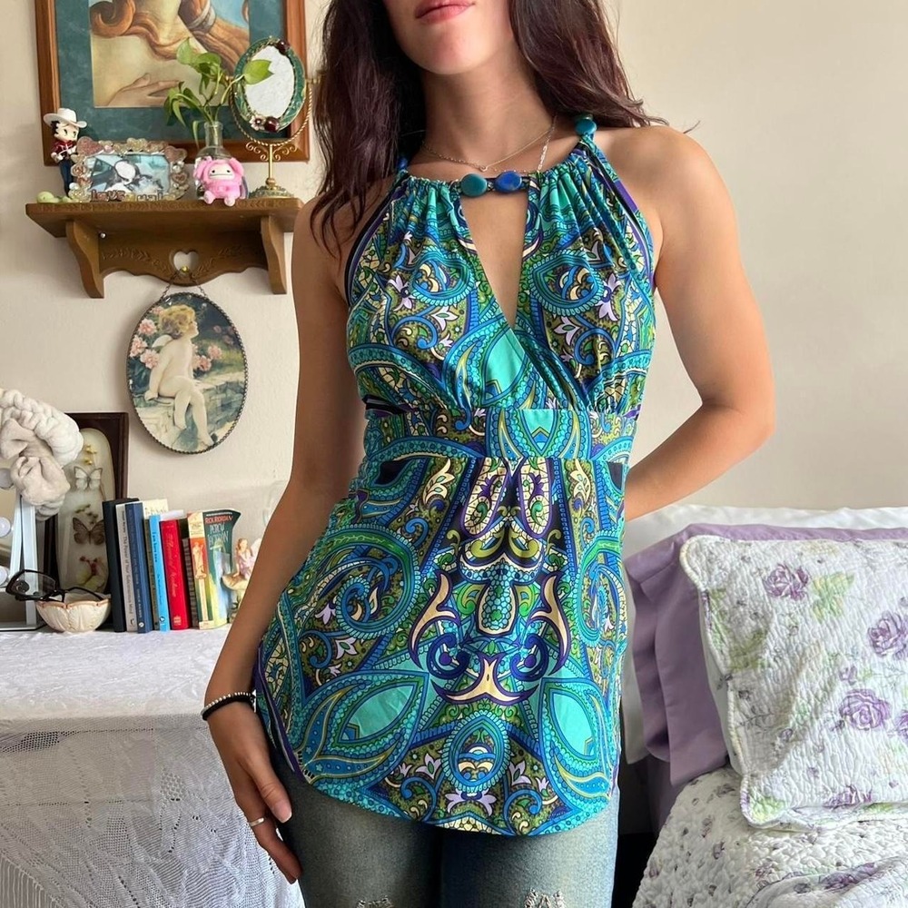 Vintage  Cache Blue and Green Paisley Tank Top with beaded Key Hole size medium